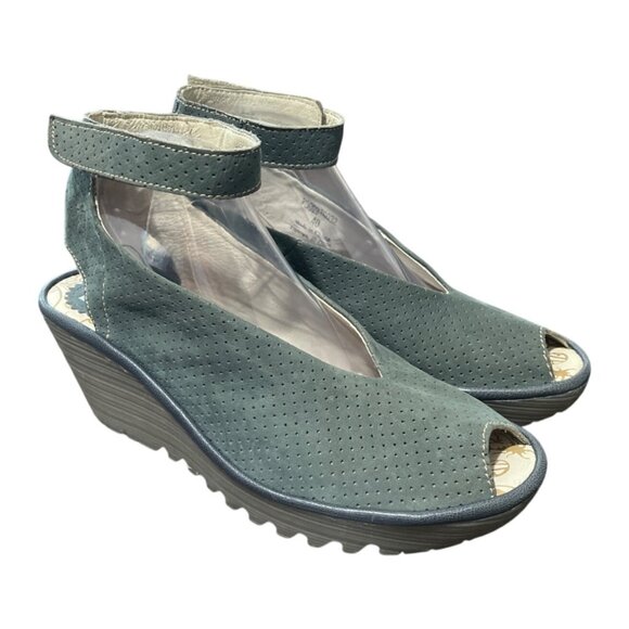London Fly Yala Perforated Leather Sandal Wedge Ankle Strap Green EU 40 / US 9.5 - Picture 1 of 6